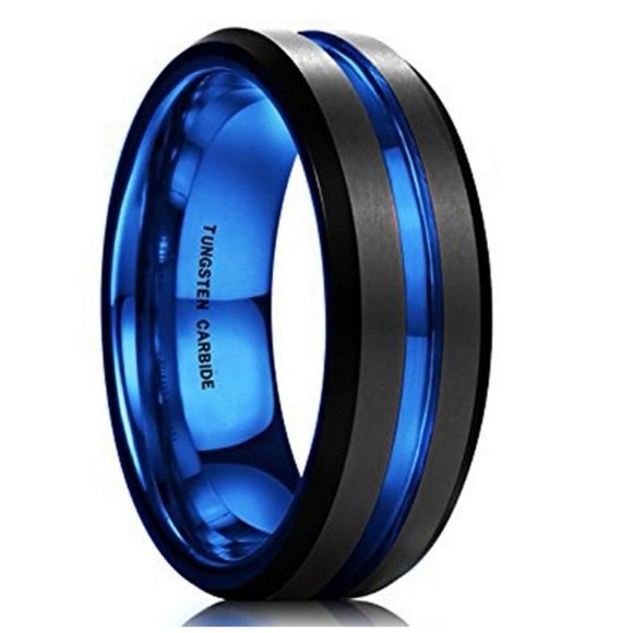 Men's Tungsten Wedding Band (7mm). Black and Blue Tungsten Ring w/ Bevel…